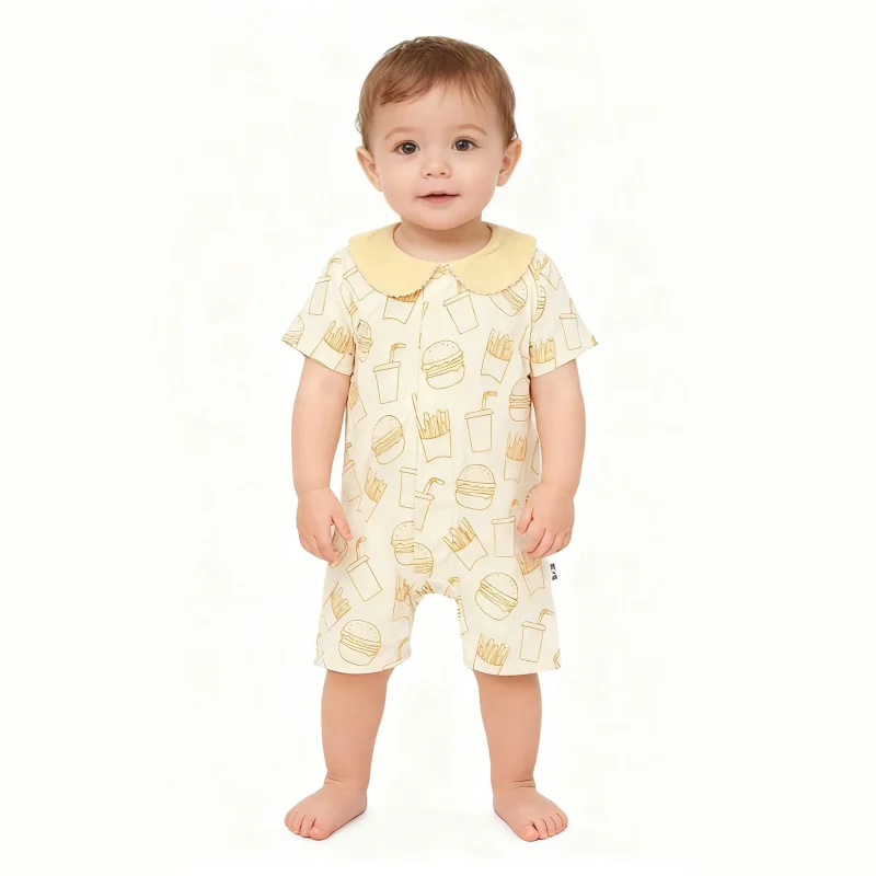 New Design Unisex Summer Magnetic Button Bamboo Peter Pan Collar Infant Short Sleeves Closure Knitted Baby Romper