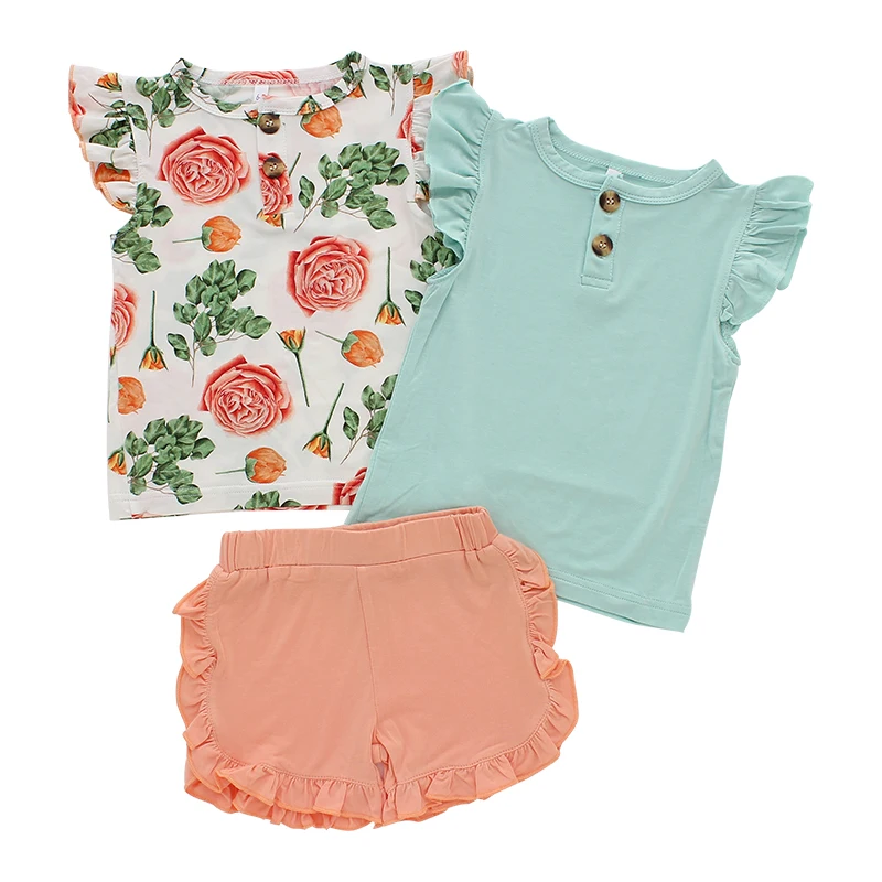 Superior Quality New Print Design Lovely Baby Girl Summer Style with Floral Pattern Ruffle Little Girls Clothing Sets