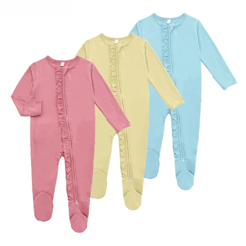Hot Sale Bamboo Spandex Baby Long Sleeve Hip Ruffle Zipper up Bodysuits Footie Sleeper Newborn Girls Romper Jumpsuit