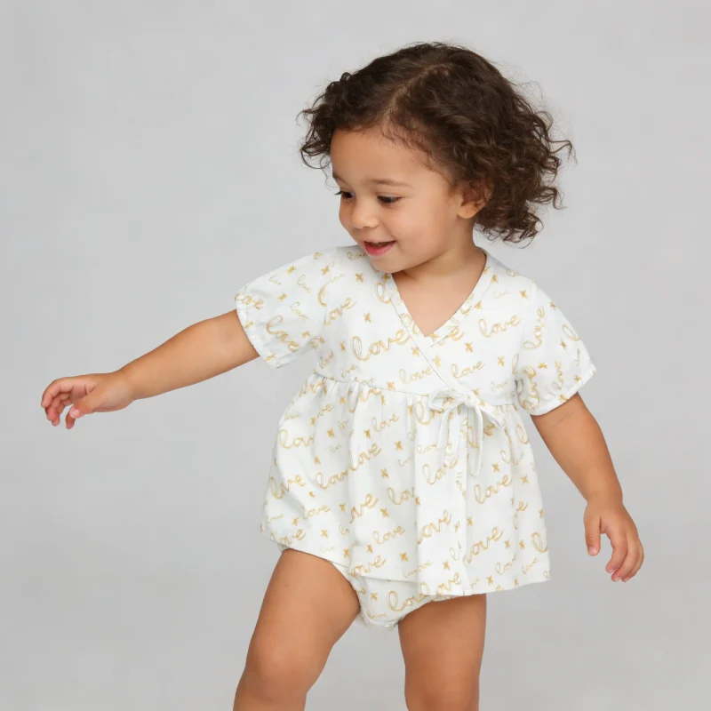 100%orginc Cotton Hot Sale Strap Design Summer Super Soft Short Sleeve Closure Knitted Baby Romper