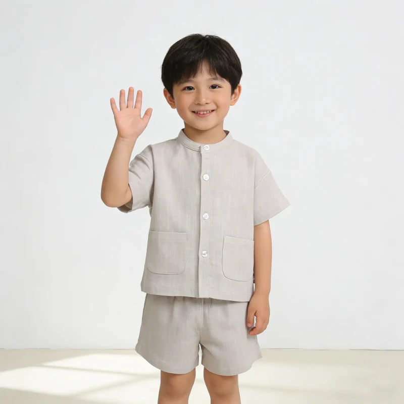 70%viscose 30%linen Fabric New Button Pocket Design Casual Short Sleeved Unisex Summer Baby Clothing Set Baby Romper Breathable