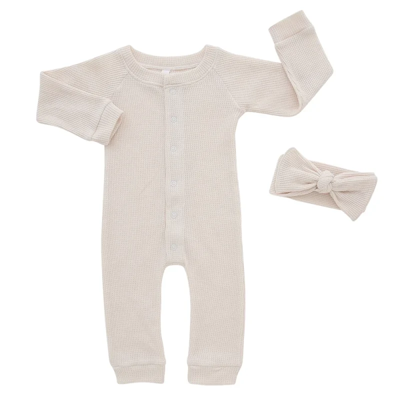 Newborn Baby Clothes Baby Clothing Long Sleeves Wood Buttons Infant Jumpsuit Ribbed Cotton Baby Romper with Headband
