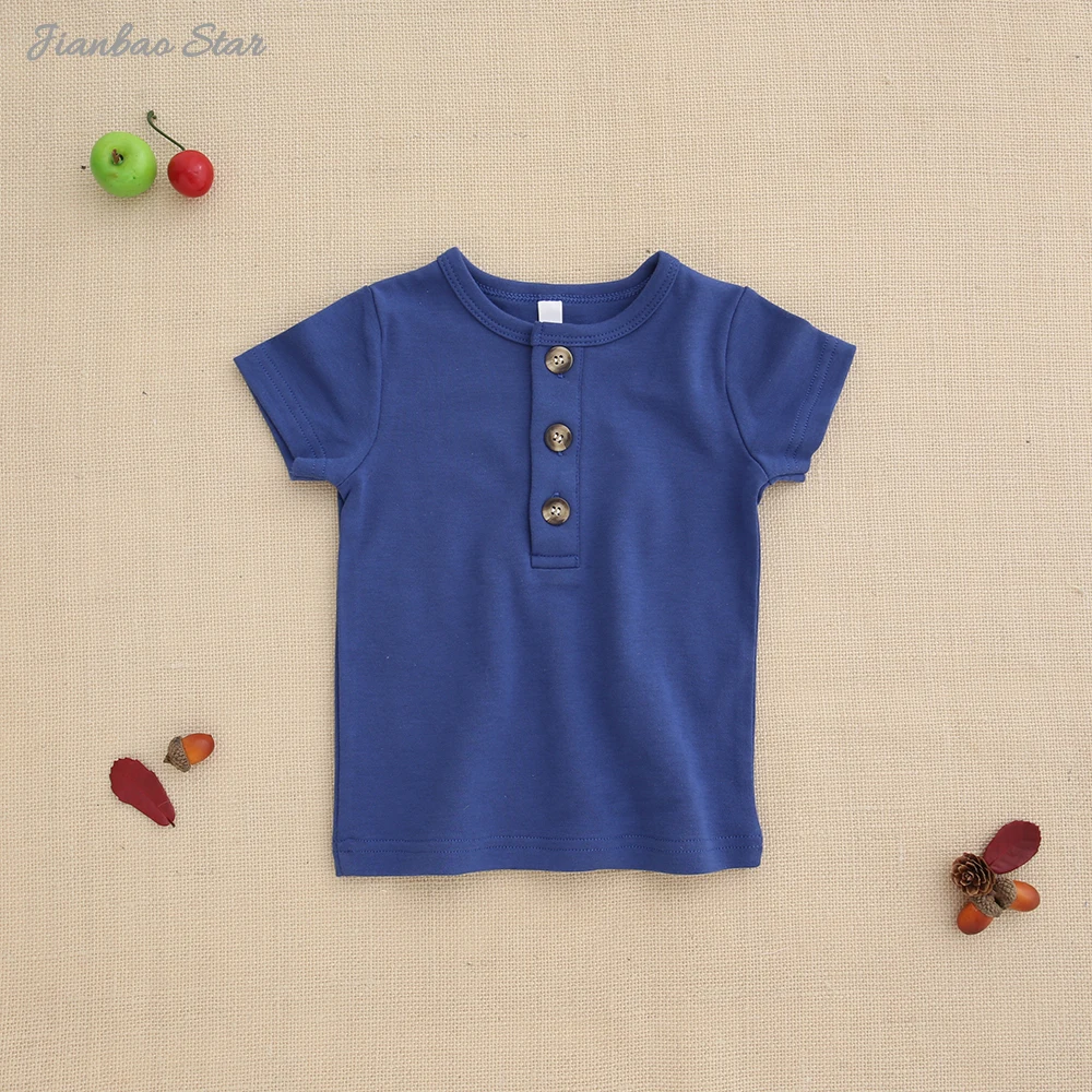 Boutique Unisex Infant T-Shirt Short Sleeve Cotton Summer Toddler T-Shirt Button Solid Color Printed Soft Knitted Boys Girls - Image 2