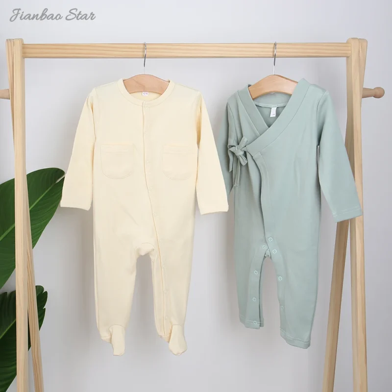 New Design Autumn Newborn Infant Clothes Long Sleeve Baby Footie Pajamas Soft Solid Zipper Cotton Romper