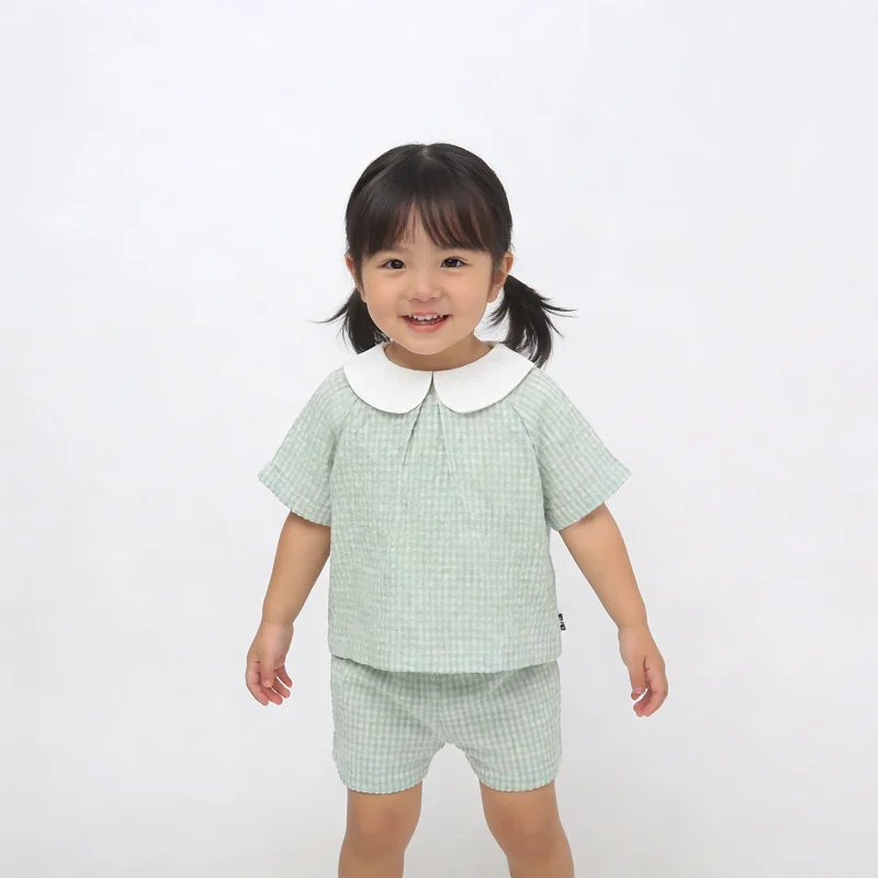 70%viscose 30%linen Fabric New Design Peter Pan Collar Casual Quick Dry Short Sleeved Girls Summer Baby Clothing Set Baby Romper
