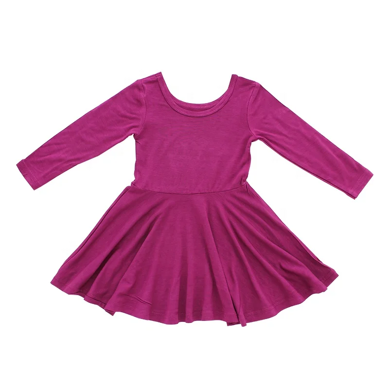 100% Cotton New Arrive High Quality Factory Supplier Girls' Scoop Back Solid Twirly Long Sleeve Dresses Baby Clothes