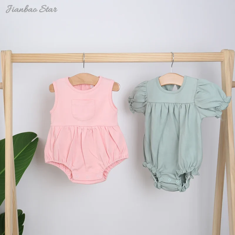 Factory Hot Sale High Quality Ruffled 100% Cotton Knitted Wholesale Buttons Sleeveless New Born Baby Rompers