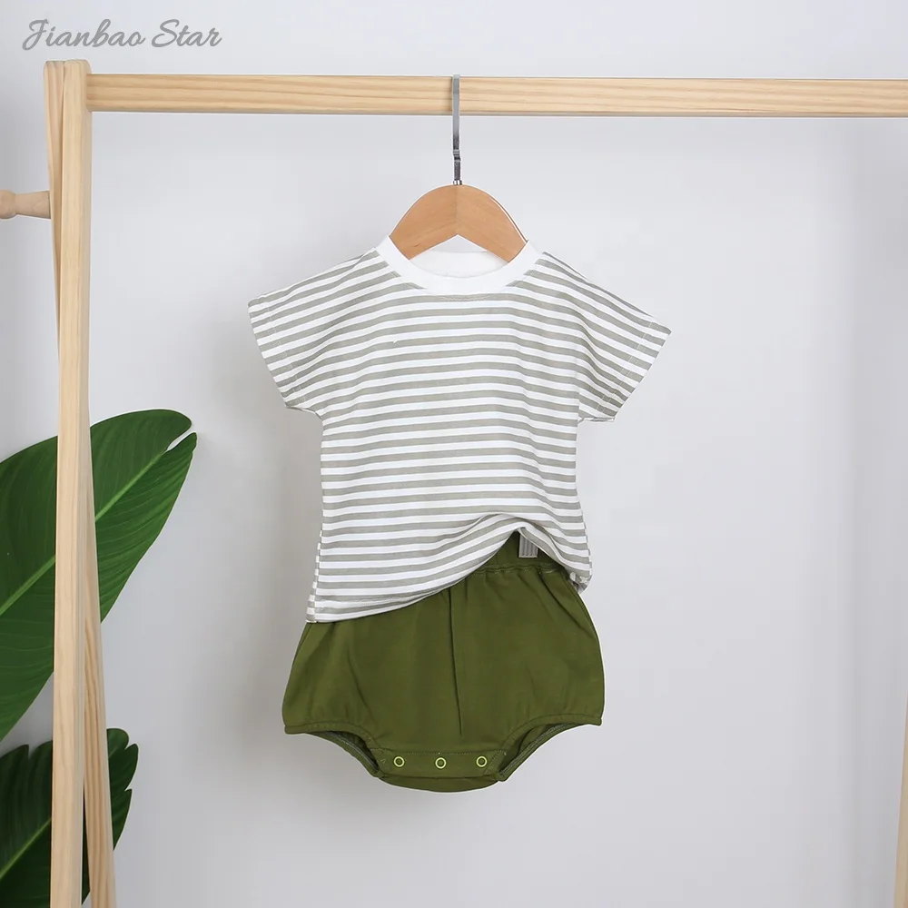 Exceedingly-soft Striped 100% Cotton Short-sleeve Shirt With Button Shorts Baby Boys and Girls Suits Sets Simply Impeccable - Image 2