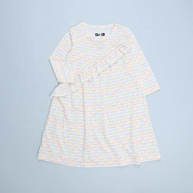 95% Bamboo Viscose 5% Spandex Soft and Breathable Customized Printing Long Sleeve Ruffle Design Dress for Infant Baby Girl