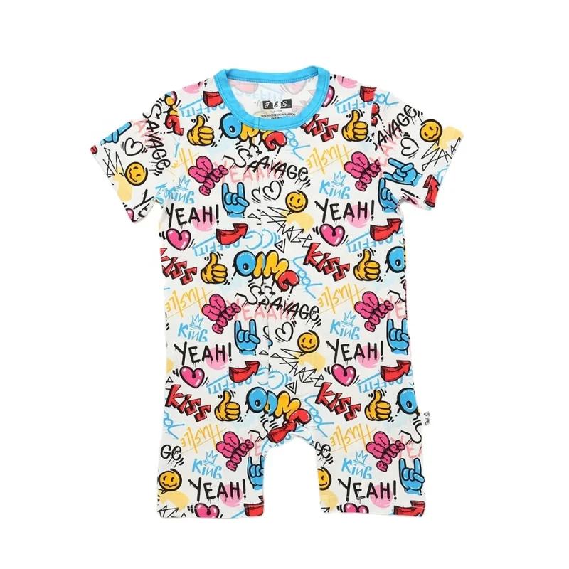 New Design Magnetic Button Bamboo Baby Romper Unisex Infant Short Sleeves Closure Knitted Summer Print