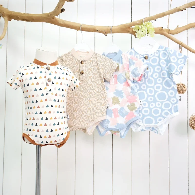 Hot Sale Summer New Design Bamboo Baby Romper Unisex Infant Short Sleeves Button Closure Knitted Cotton Fabric Printed Design