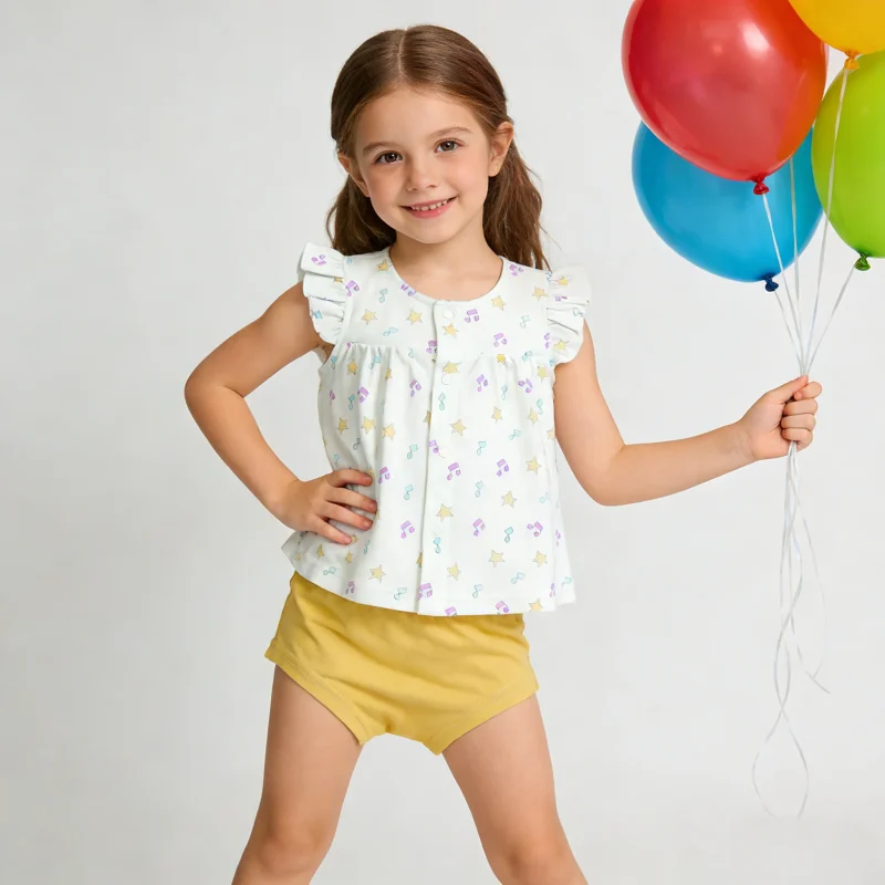 New Release 100% Organic Cotton Fabric Casual Breathable Quick Dry Ruffle Sleeveless Girls Summer Baby Clothing Set