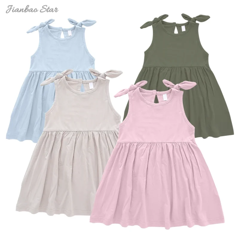 Beautiful Casual Style Bamboo Dress for Baby Girls Solid Pattern Soft and Comfortable Fabric Bows for Spring Summer