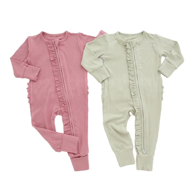 Newborn Baby Clothes Kids Clothing Natural Fabric Plain Solid Ruffle Long Sleeves Snap Button Bamboo Baby Romper