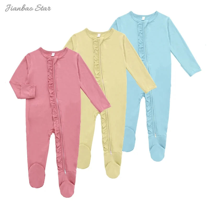 Custom Plain Baby Rompers 100% Organic Cotton Bamboo Fiber Infant Pajamas With Footie Zipper Baby Footie