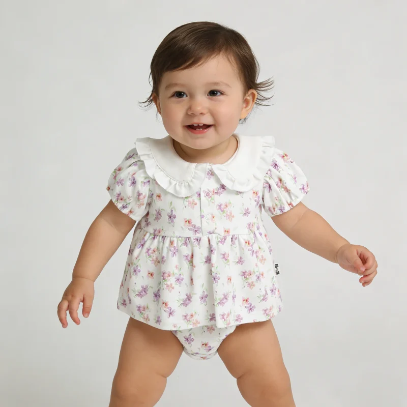 100%orginc Cotton Hot Sale Summer Custom Printing Girl's Skirt Button Short Sleeve Closure Knitted Baby Romper OEM Service