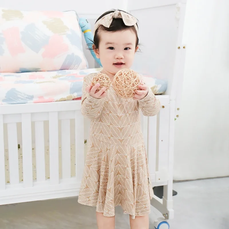New Arrive Anti-Wrinkle Bamboo Viscose Baby Dresses Long Sleeve Romper with Ruffles Sweet Girl's Romper Skirt Puff Sleeve Design