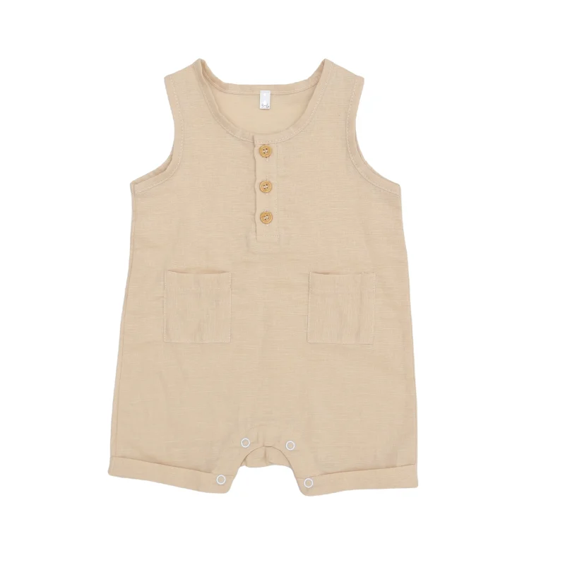 New Fabric Pocket Design Sleeveless Custom Printing Color High Quality Button Baby Romper Baby Clothes