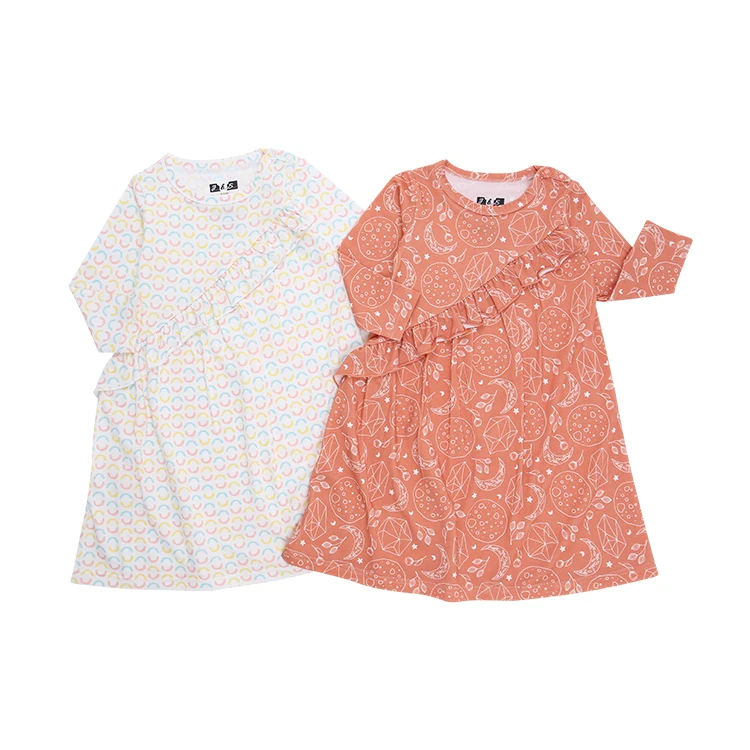 New Hot Sale Autumn High Quality Fashion Kids Wear Long Sleeve Baby Ruffles Dress Snap Button Bamboo Girls Dresses