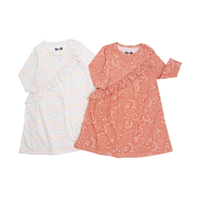 95% Bamboo Viscose 5% Spandex Soft and Breathable Customized Printing Long Sleeve Ruffle Design Dress for Infant Baby Girl - Image 3