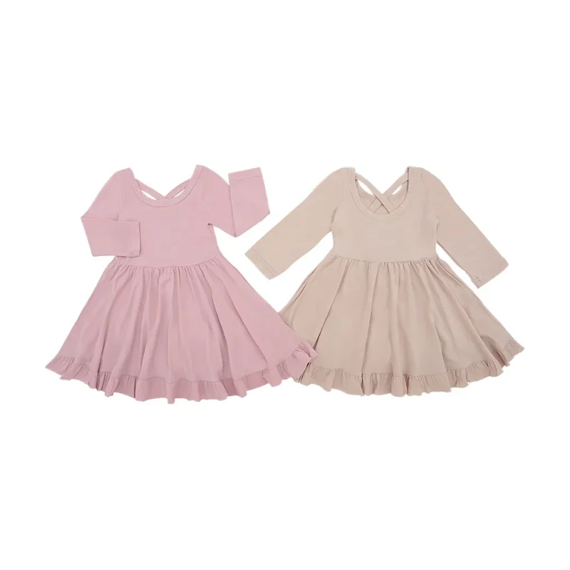 Hot Sale Long Sleeve Ball Gown Dress for Girls Kids Clothing Ruffle Bow Plain Dyed Technique O-Neck Little Girl's Fashion