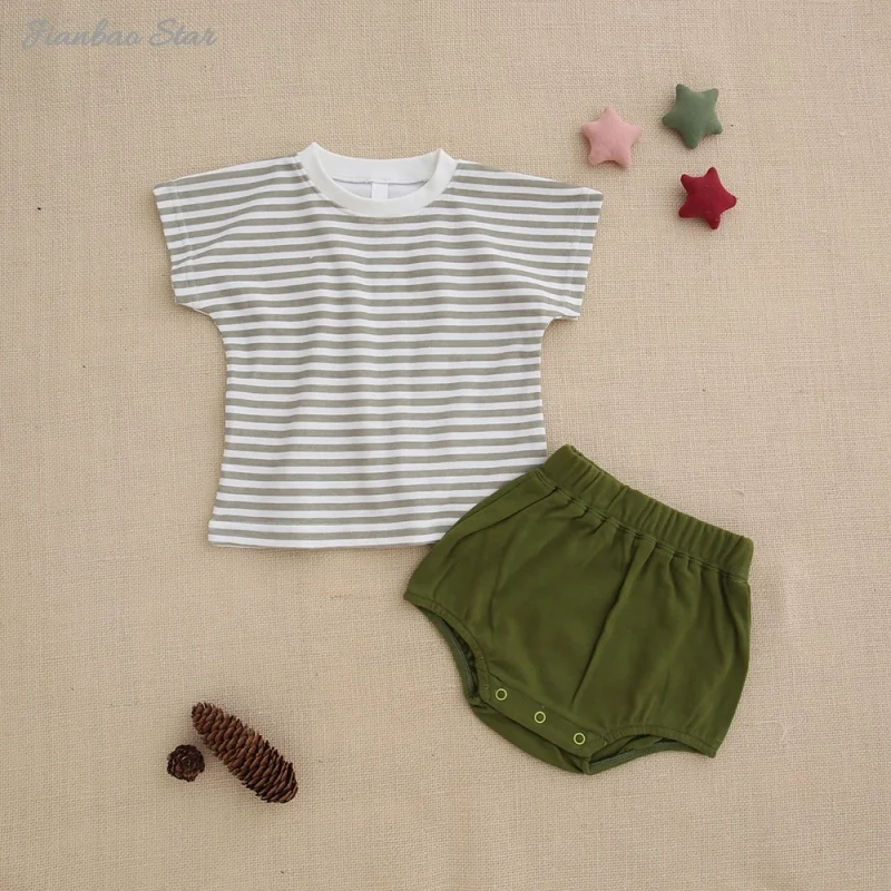 Exceedingly-soft Striped 100% Cotton Short-sleeve Shirt With Button Shorts Baby Boys and Girls Suits Sets Simply Impeccable