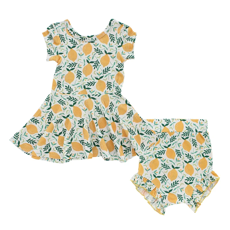 Hot Sale Lovely Boutique Girl Clothing Set Flower Print Bamboo Fabric Ruffle Style New Born Baby Dress