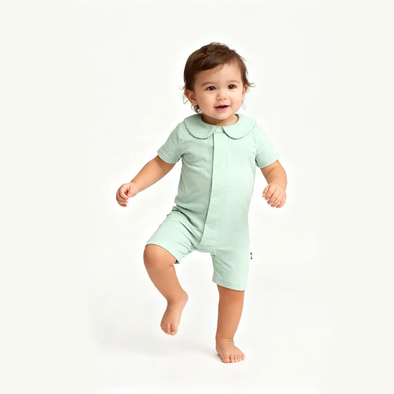 New Design Magnetic Button Bamboo Peter Pan Collar Baby Romper Unisex Infant Short Sleeves Closure Knitted Summer ODM