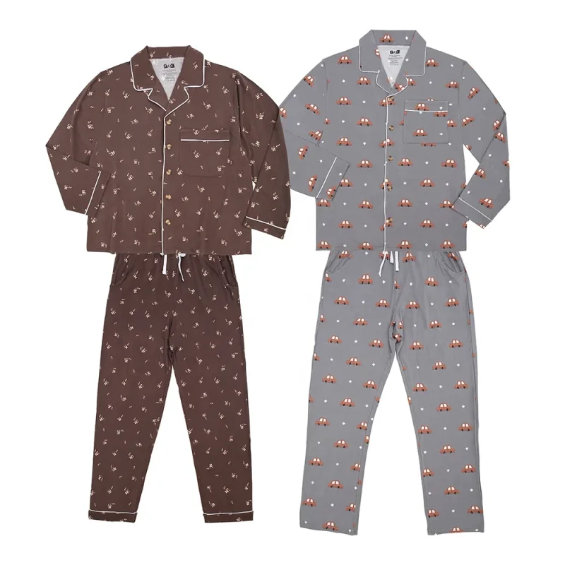 Wholesale Customized  Women and Man Couple Pajamas Set Turn-down Collar Summer Long Sleeve Tops Shorts Set Sleepwear Clothes