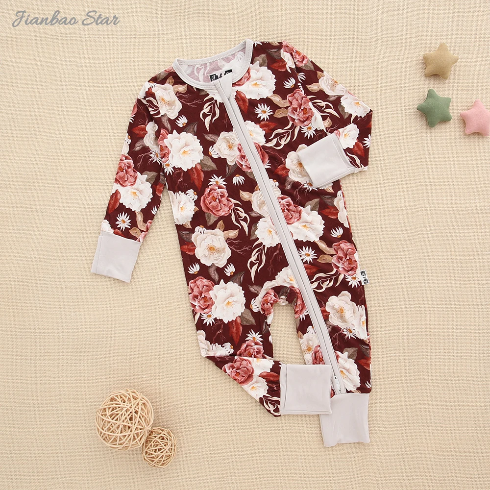 Baby Boy's & Girl's Jumpsuit With Two Way Front Zipper Mittens Footie Bamboo Baby Romper Set - Image 6