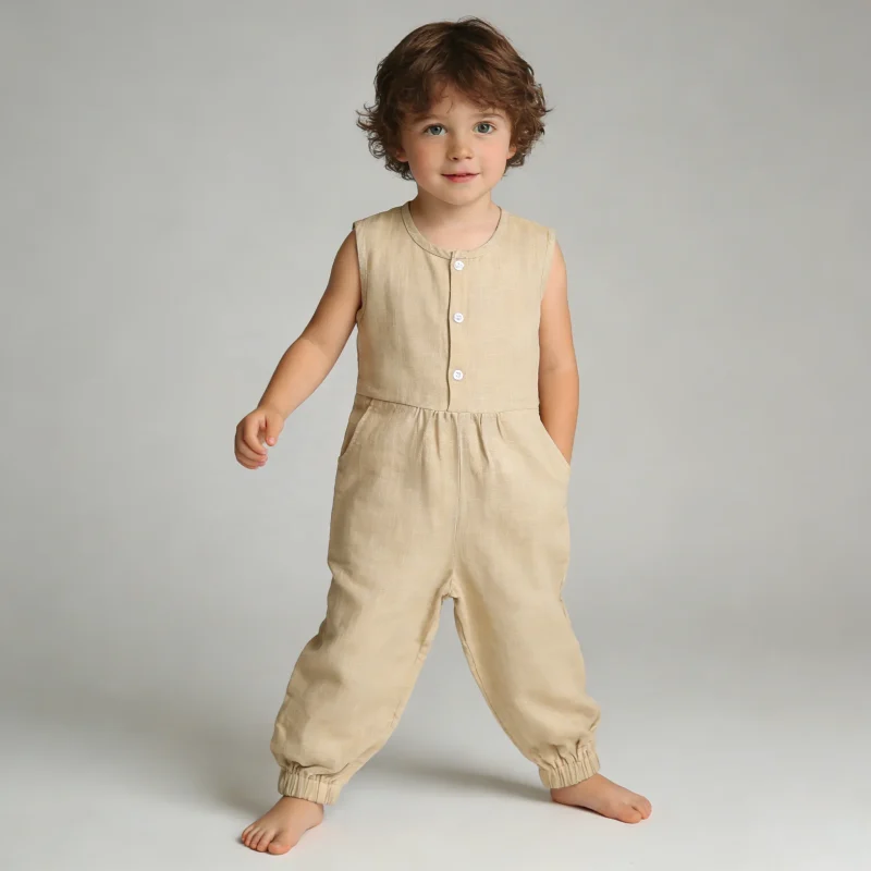 70%viscose 30%linen New Button Design Unisex Short Sleeves Solid Color Closure Knitted Baby Clothes Baby Romper