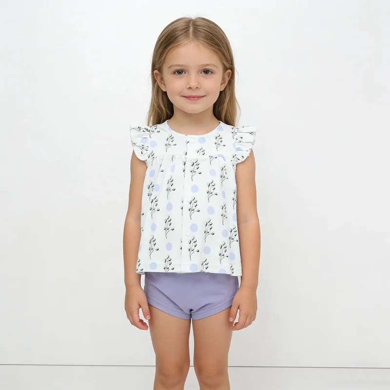 100% Organic Cotton Fabric New Release Casual Breathable Quick Dry Ruffle Sleeveless Pullover Baby Girls Summer Clothing Set