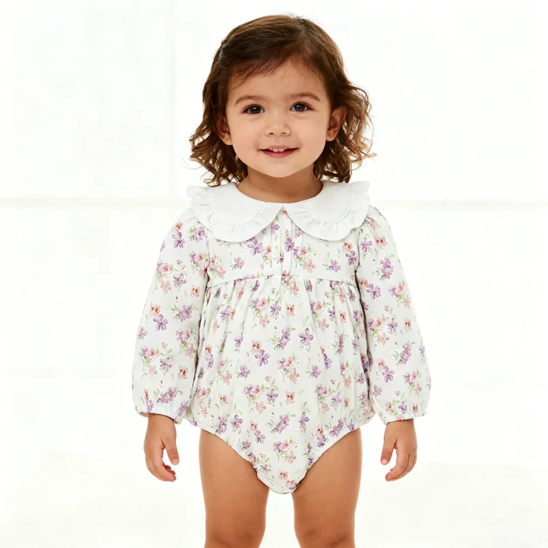 New Design Magnetic Button Peter Pan Collar Super Soft 100%orginc Cotton Long Sleeve Closure Knitted Baby Romper