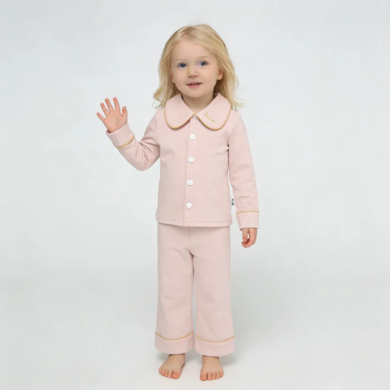 Hot Sale New Release 100% Organic Cotton Fabric Collared Casual Custom Embroidered Clothes Long Sleeve Girls Baby Clothing Set