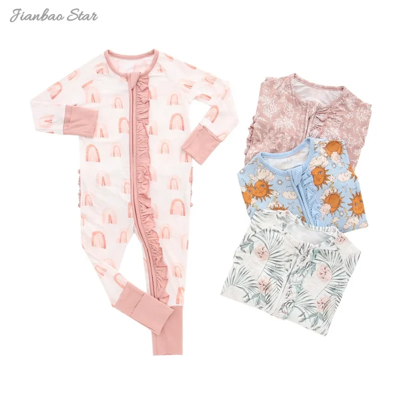 Fall Winter Bamboo Baby Clothes Sleep Suits Front Zip Butts Ruffle Newborn Girls Layette Footie Rompers Jumpsuit