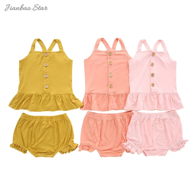 New & Hot Sale Summer Baby Girls Clothing Set With Shoulder Strap Tops and Lovely Ruffle Shorts Bamboo Knitted Baby Outfits