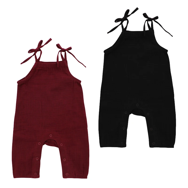 Summer Style for Baby Girls Tie-up Shoulder Strap Breathable Cotton Solid Color with Snap Button Muslin Baby Romper