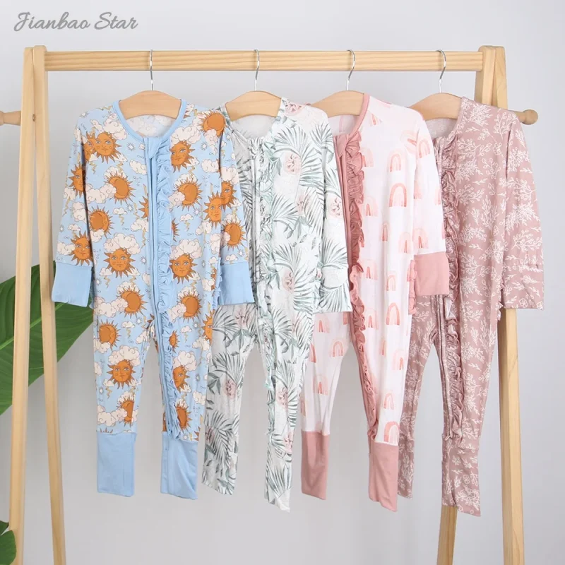 Long Sleeves Ruffle Style Newborn Baby Jumpsuit Two Way Zipper Bamboo Viscose & Spandex Romper Set Print Pattern Spring Summer