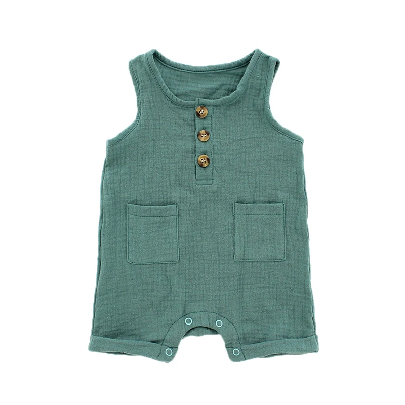 Wholesale Baby Clothes Customize Color Pattern Summer Sleeveless Suspender Button Design Girl Boys Baby Romper Set