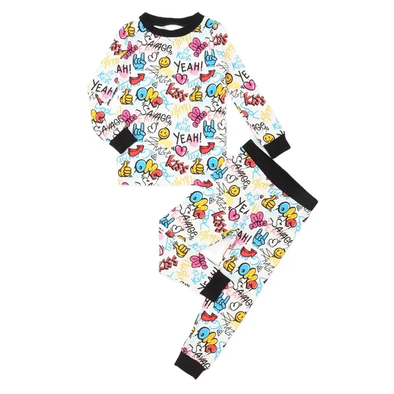 Hot Sale Custom Printed Soft Breathable Casual Style Long Sleeve Winter Pajamas 2pcs Set for Baby Boys and Girls