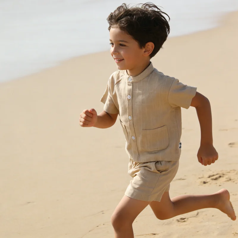 70%viscose 30%linen Fabric New Button Design Casual Short Sleeved Unisex Summer Baby Clothing Set Baby Romper