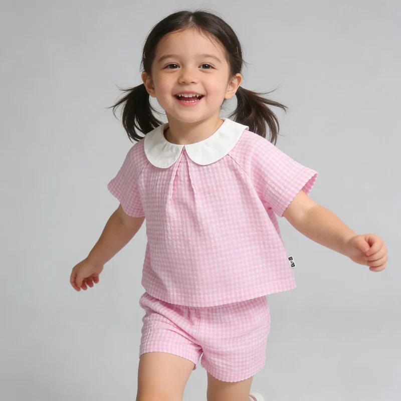 70%viscose 30%linen Fabric New Design Peter Pan Collar Casual Quick Dry Short Sleeved Girls Summer Baby Clothing Set