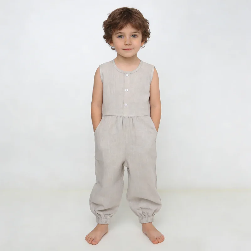 70% Viscose 30% Linen Breathable Washable Unisex Sleeveless Button Closure Knitted Summer Baby Romper