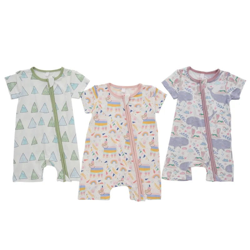 Wholesale Cotton Bamboo Spandex Baby Summer Jumpsuit Newborn Short Sleeve Zipper Baby Romper Set