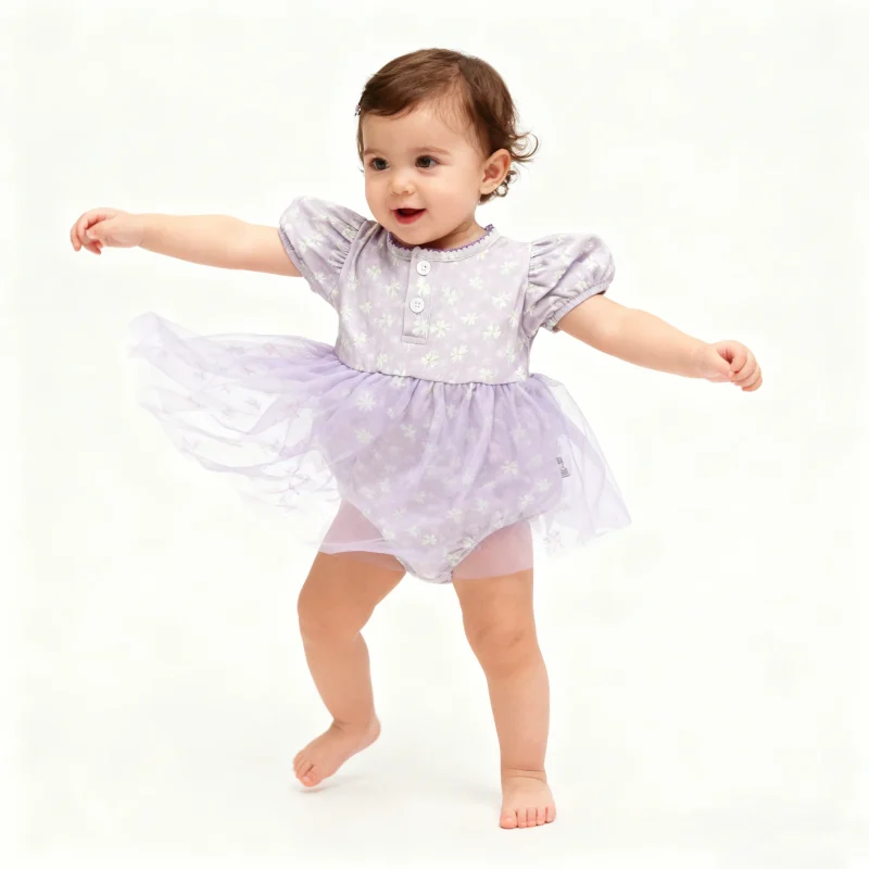 New Arrive Tutu Bubble Romper 100%orginc Cotton Customized Printing Girl's Cute Short Skirt Short Puff Sleeve Tulle Baby Dresses