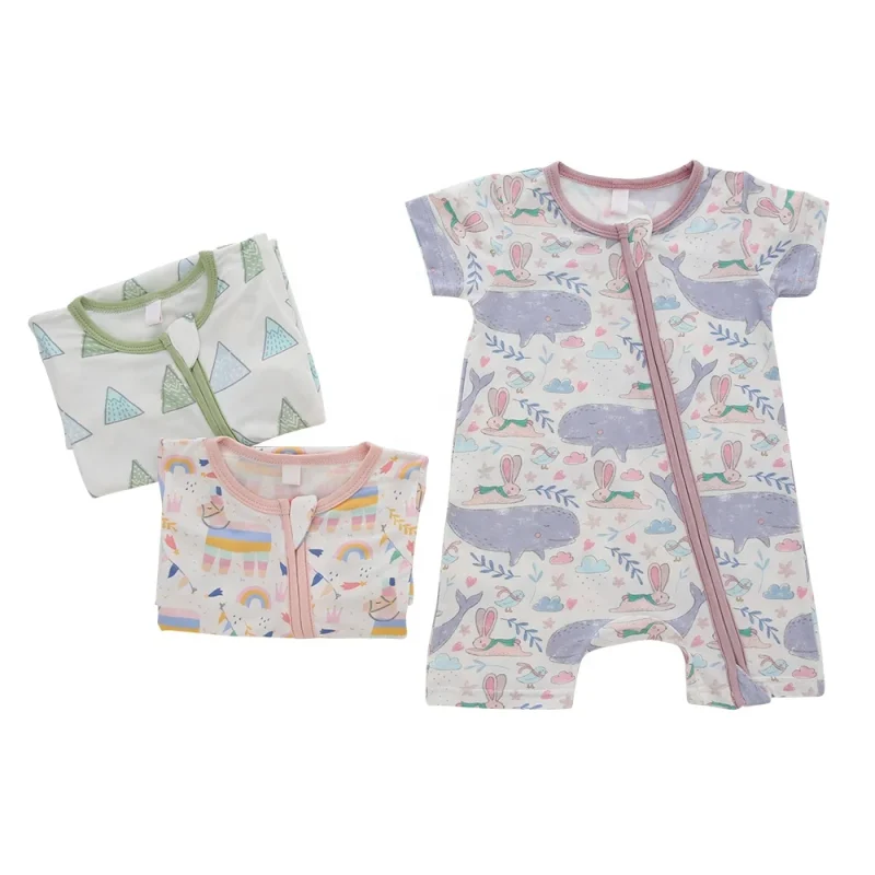 New Hot Sale Baby Clothes Customize Print Short Sleeve Infant Rompers Bamboo Zipper Baby Zipper Onesie