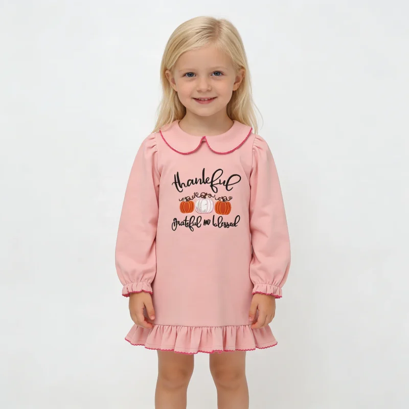 100% Organic Cotton Peter Pan Collar Winter Print Button Closure Ruffle Long Sleeve Knitted Baby Girls Baby Clothes