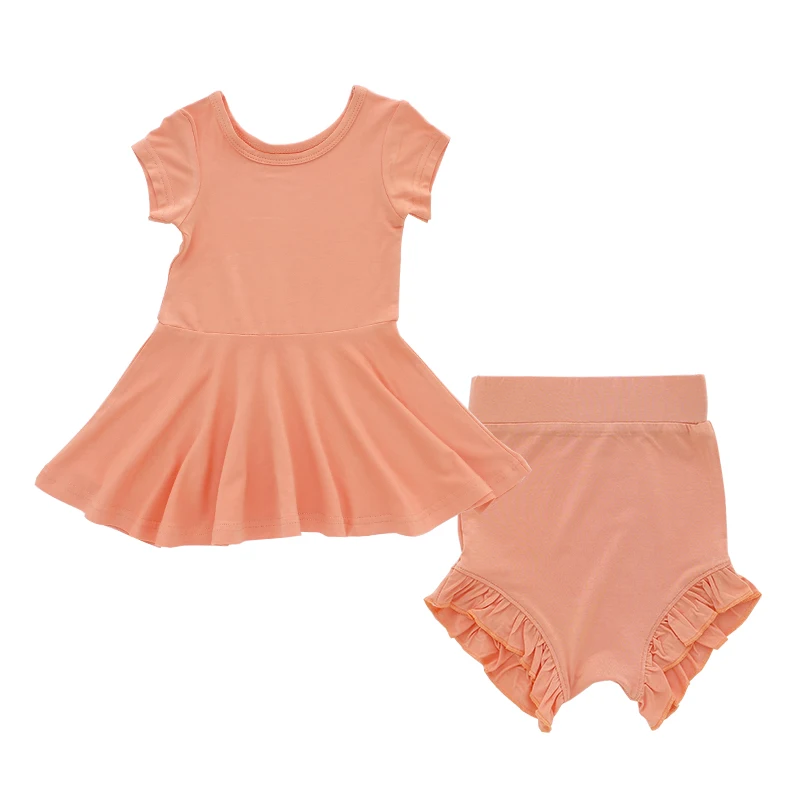 Top Sale Custom Print Solid Color Short Sleeve Baby Girls Dress With Bloomers Set Folded Dressing Clothes