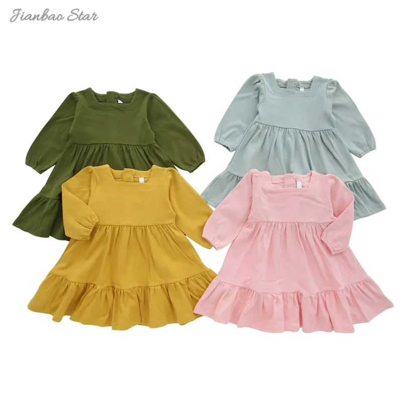 100% Cotton Infant Girls Long-Sleeved Tiered Dress Solid Color Print Knit for 0-3 Months Spring Season Decoration Pattern