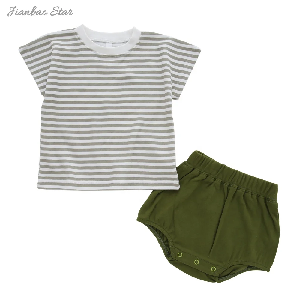 Exceedingly-soft Striped 100% Cotton Short-sleeve Shirt With Button Shorts Baby Boys and Girls Suits Sets Simply Impeccable - Image 3